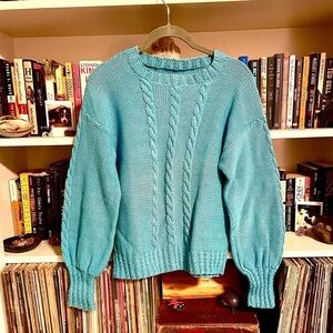 Vintage Handmade 1970s Wool Aqua Blue Balloon Sleeve Knit Sweater Braided XS–M
